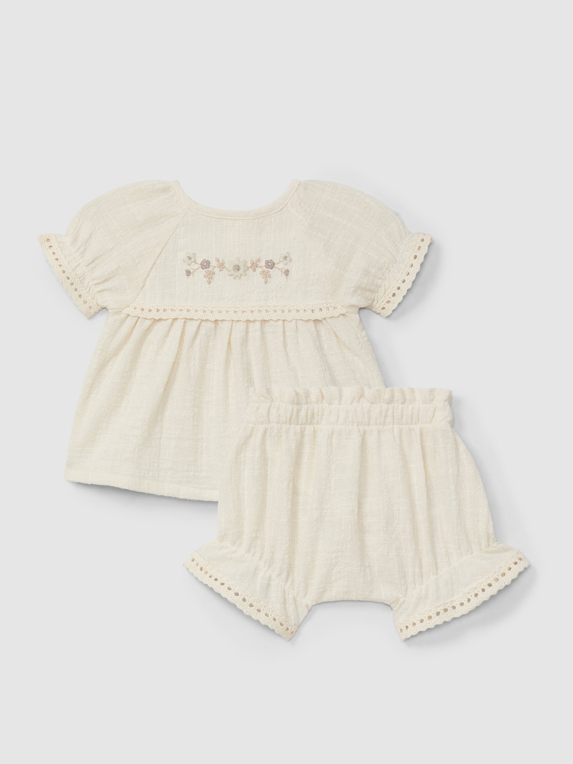 Blouse and shorts set with embroidery and lace details