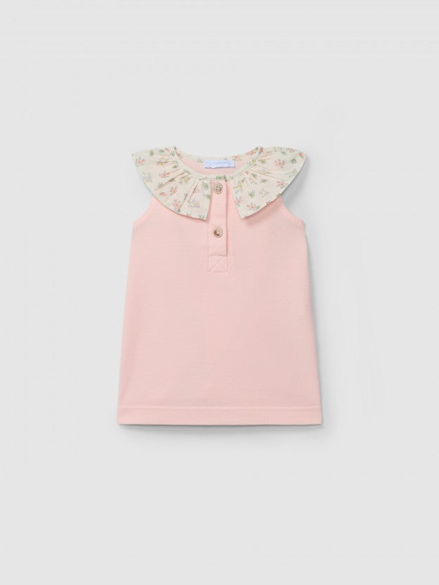 Dress pique with ruffled printed collar pink