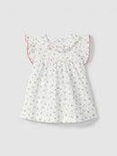 Dress floral print with ruffled collar - White