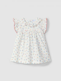 Dress floral print with ruffled collar - White