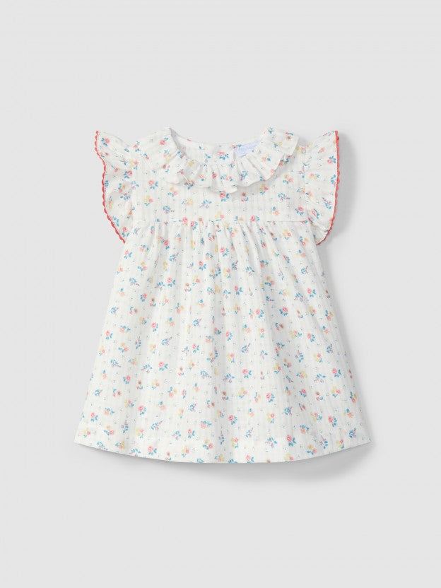 Dress floral print with ruffled collar - White
