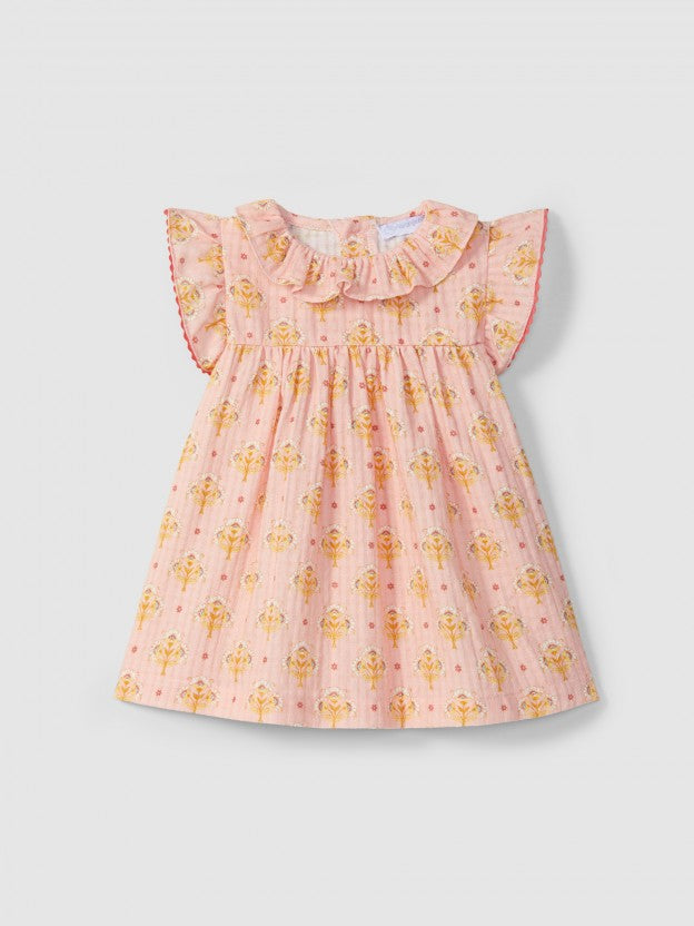 Dress floral print with ruffled collar - Pink