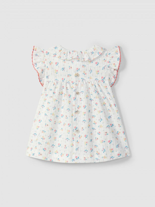 Dress floral print with ruffled collar - White