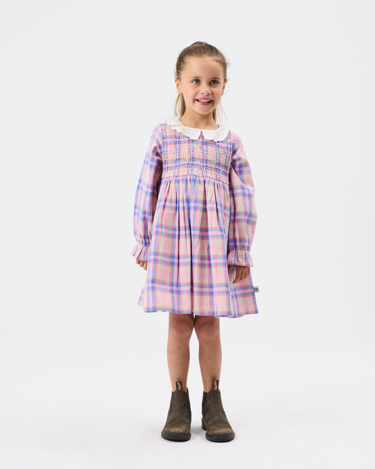 Pink Plaid Floral Embroidered Dress