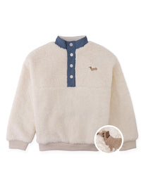 Nicky Sherpa Pullover with Half-Placket and Chest Dachshund Embroidery (Offwhite)