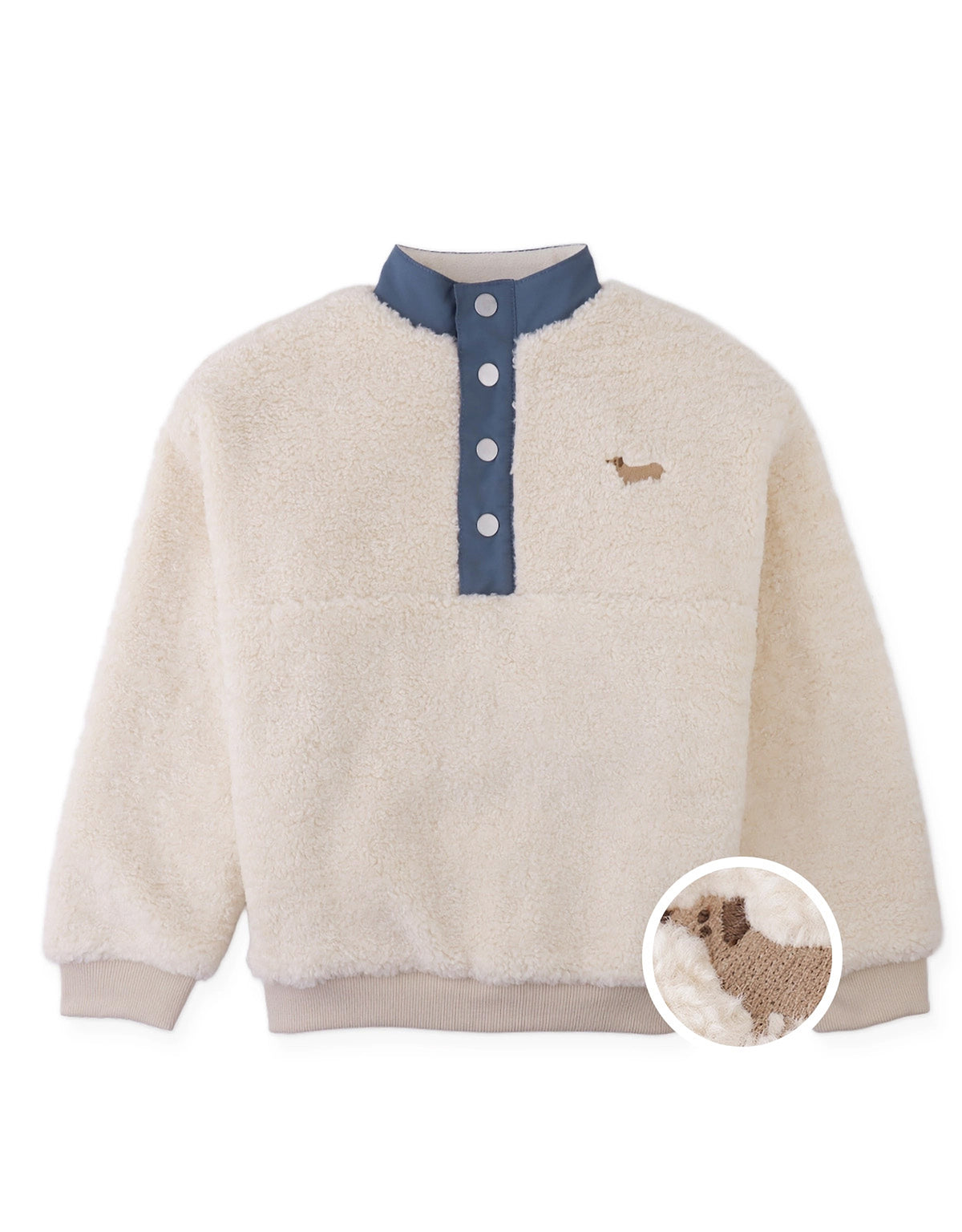 Nicky Sherpa Pullover with Half-Placket and Chest Dachshund Embroidery (Offwhite)