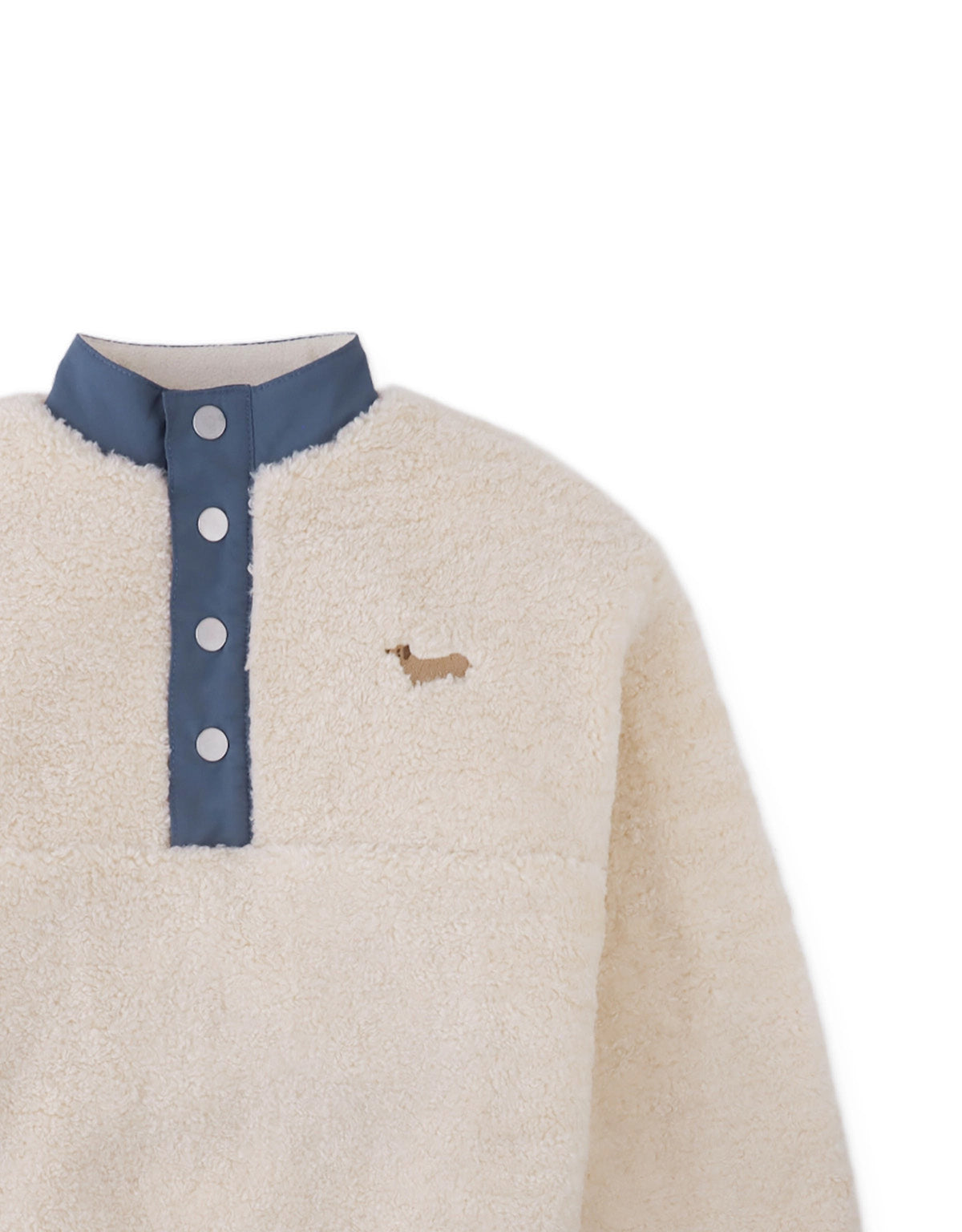 Nicky Sherpa Pullover with Half-Placket and Chest Dachshund Embroidery (Offwhite)