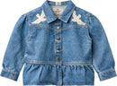 DENIM FRILL JACKET W. CROCHET DOVES