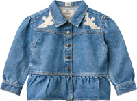 DENIM FRILL JACKET W. CROCHET DOVES