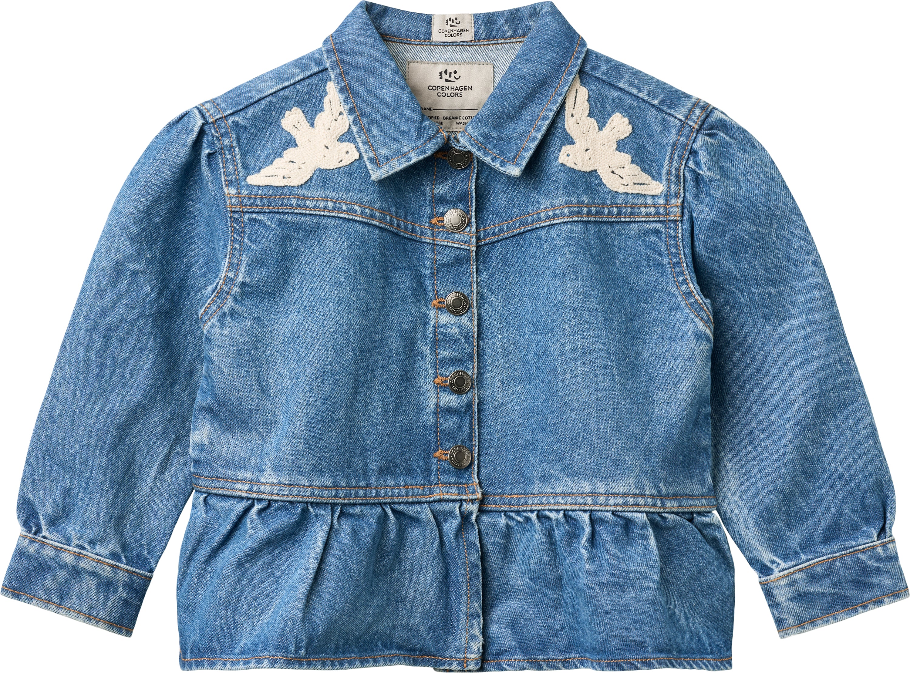 DENIM FRILL JACKET W. CROCHET DOVES