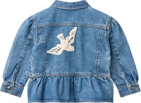 DENIM FRILL JACKET W. CROCHET DOVES