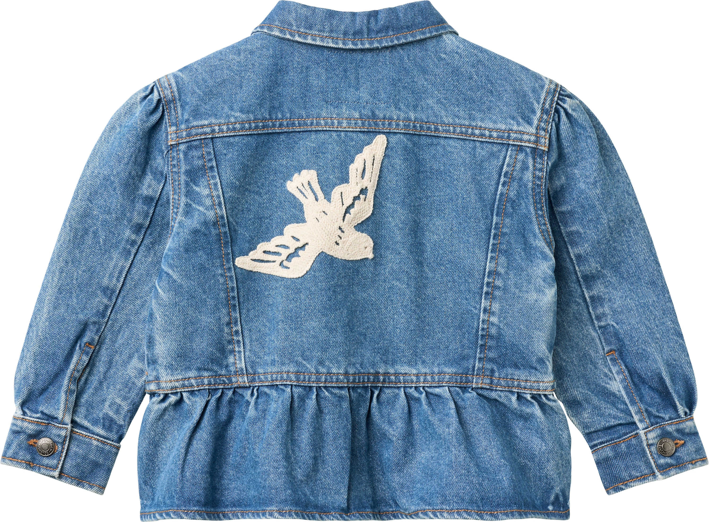 DENIM FRILL JACKET W. CROCHET DOVES
