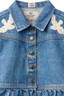DENIM FRILL JACKET W. CROCHET DOVES