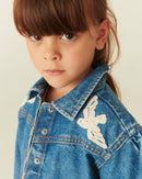DENIM FRILL JACKET W. CROCHET DOVES