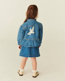 DENIM FRILL JACKET W. CROCHET DOVES