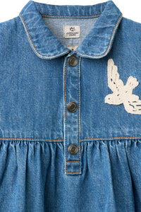 DENIM DRESS W. CROCHET DOVES