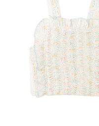 Martina Trellis Print Smocked Top with Wide Straps & Ruffles