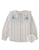 Esmeralda Blouse with Embroidered and Ruffled Bib Collar (Blue)