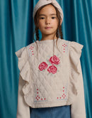 Rosamund Top with Flower Cross-Stitch Embroidery and Side Ruffles (Beige)