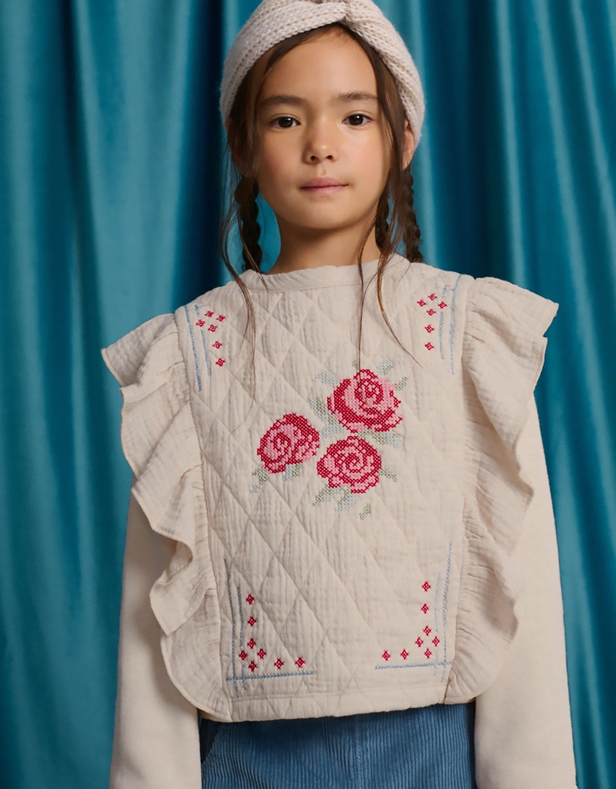 Rosamund Top with Flower Cross-Stitch Embroidery and Side Ruffles (Beige)