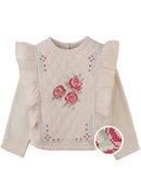 Rosamund Top with Flower Cross-Stitch Embroidery and Side Ruffles (Beige)