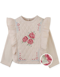 Rosamund Top with Flower Cross-Stitch Embroidery and Side Ruffles (Beige)