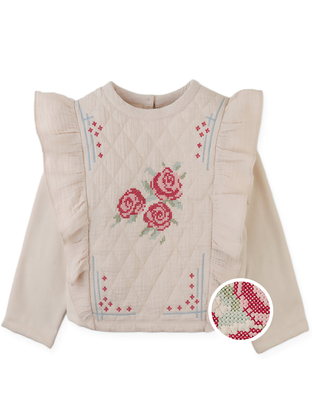 Rosamund Top with Flower Cross-Stitch Embroidery and Side Ruffles (Beige)