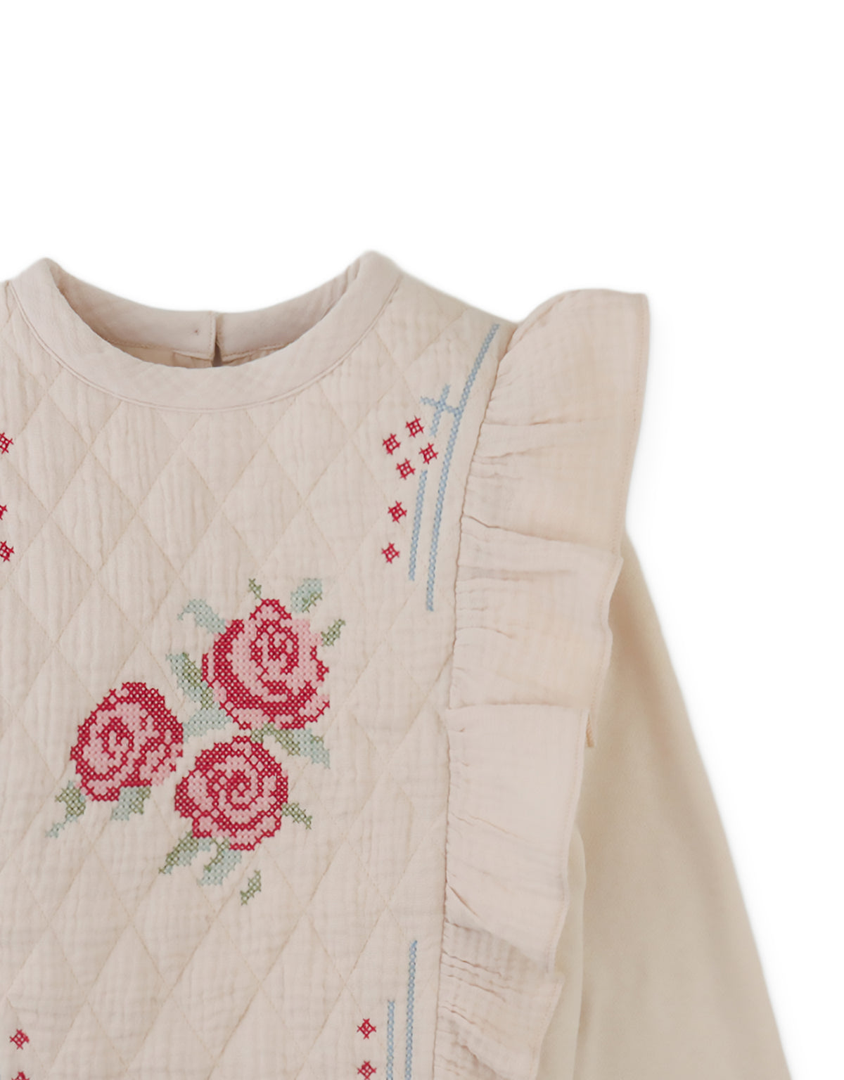 Rosamund Top with Flower Cross-Stitch Embroidery and Side Ruffles (Beige)