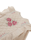 Rosamund Top with Flower Cross-Stitch Embroidery and Side Ruffles (Beige)