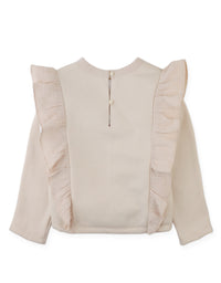 Rosamund Top with Flower Cross-Stitch Embroidery and Side Ruffles (Beige)
