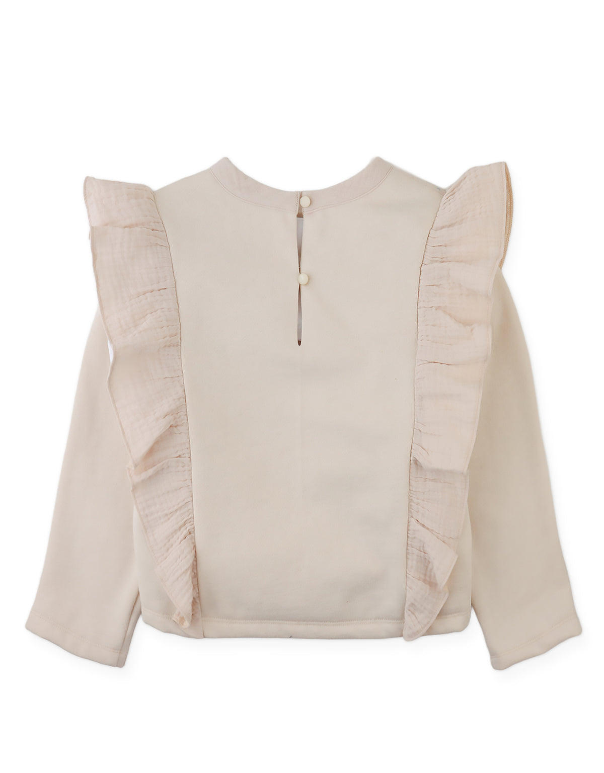 Rosamund Top with Flower Cross-Stitch Embroidery and Side Ruffles (Beige)