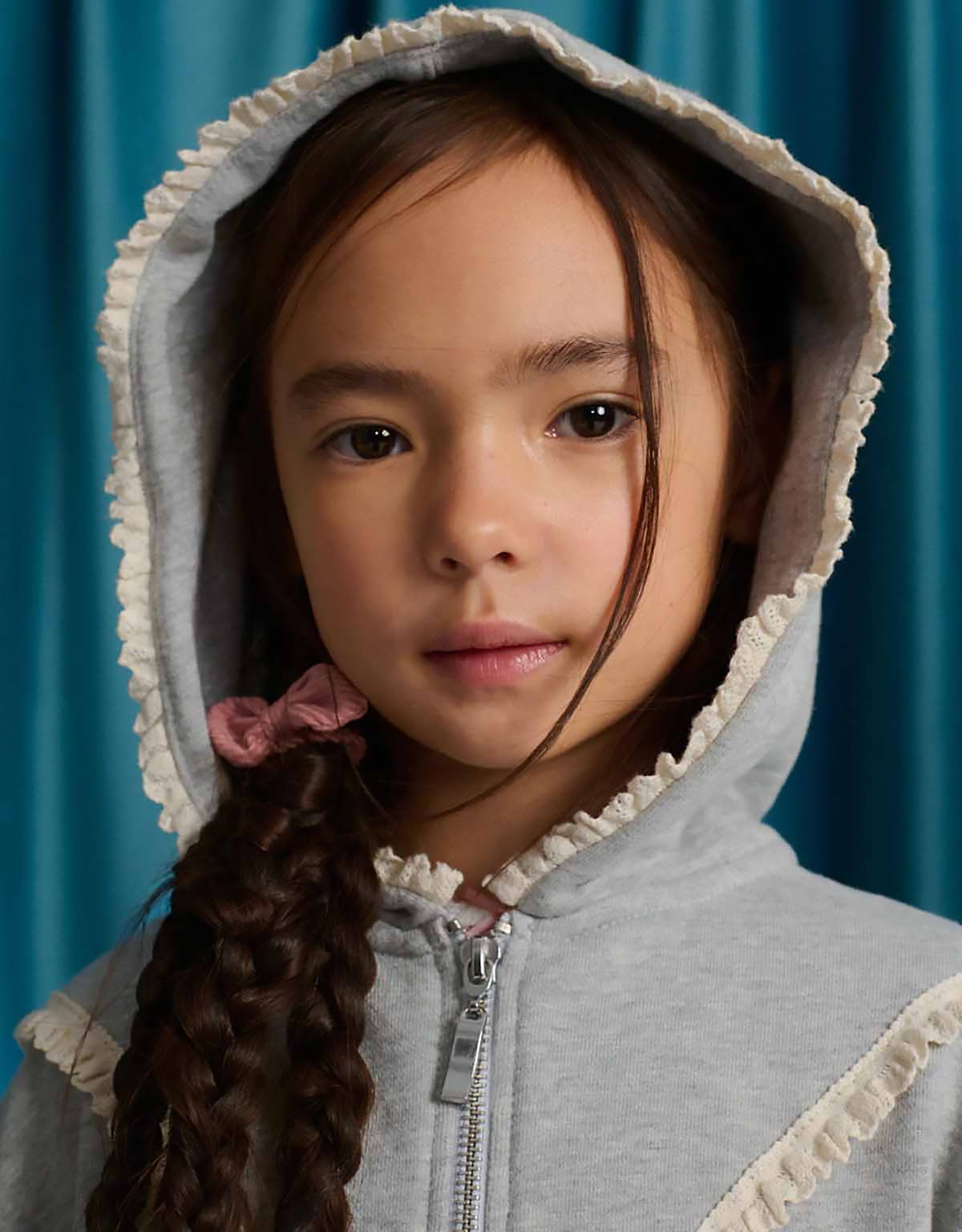 Elspeth Hoodie Jacket with Wide Rib Hem and Delicate Lace Trims (Gray)