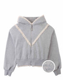 Elspeth Hoodie Jacket with Wide Rib Hem and Delicate Lace Trims (Gray)