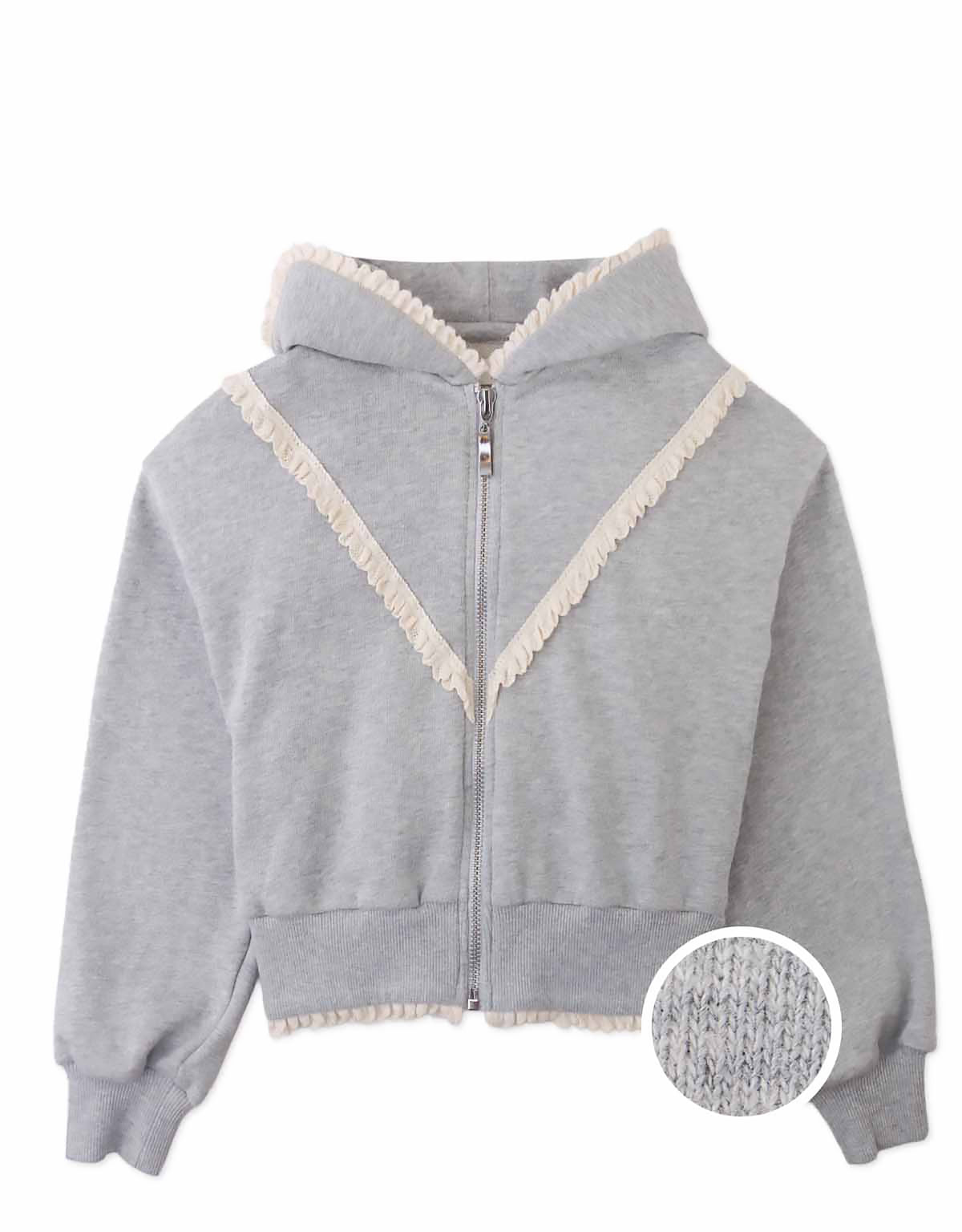 Elspeth Hoodie Jacket with Wide Rib Hem and Delicate Lace Trims (Gray)