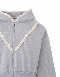 Elspeth Hoodie Jacket with Wide Rib Hem and Delicate Lace Trims (Gray)