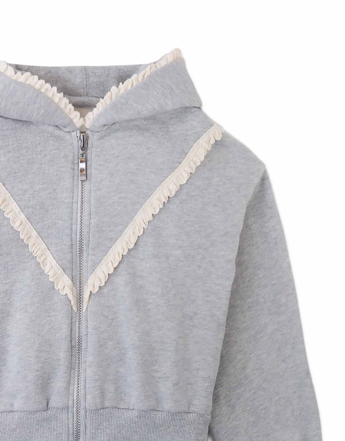 Elspeth Hoodie Jacket with Wide Rib Hem and Delicate Lace Trims (Gray)