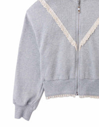 Elspeth Hoodie Jacket with Wide Rib Hem and Delicate Lace Trims (Gray)