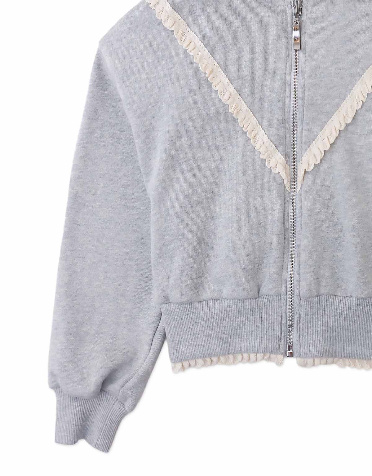 Elspeth Hoodie Jacket with Wide Rib Hem and Delicate Lace Trims (Gray)