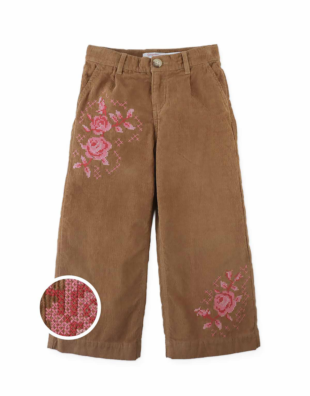 Loreine Wide- Leg Corduroy Pants with Rose Cross-Stitch Embroidery (Brown)