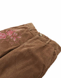 Loreine Wide- Leg Corduroy Pants with Rose Cross-Stitch Embroidery (Brown)