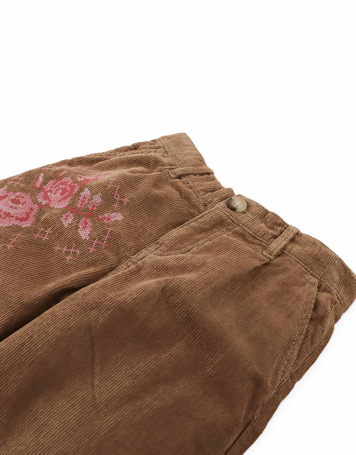 Loreine Wide- Leg Corduroy Pants with Rose Cross-Stitch Embroidery (Brown)