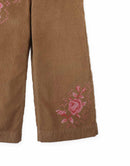 Loreine Wide- Leg Corduroy Pants with Rose Cross-Stitch Embroidery (Brown)