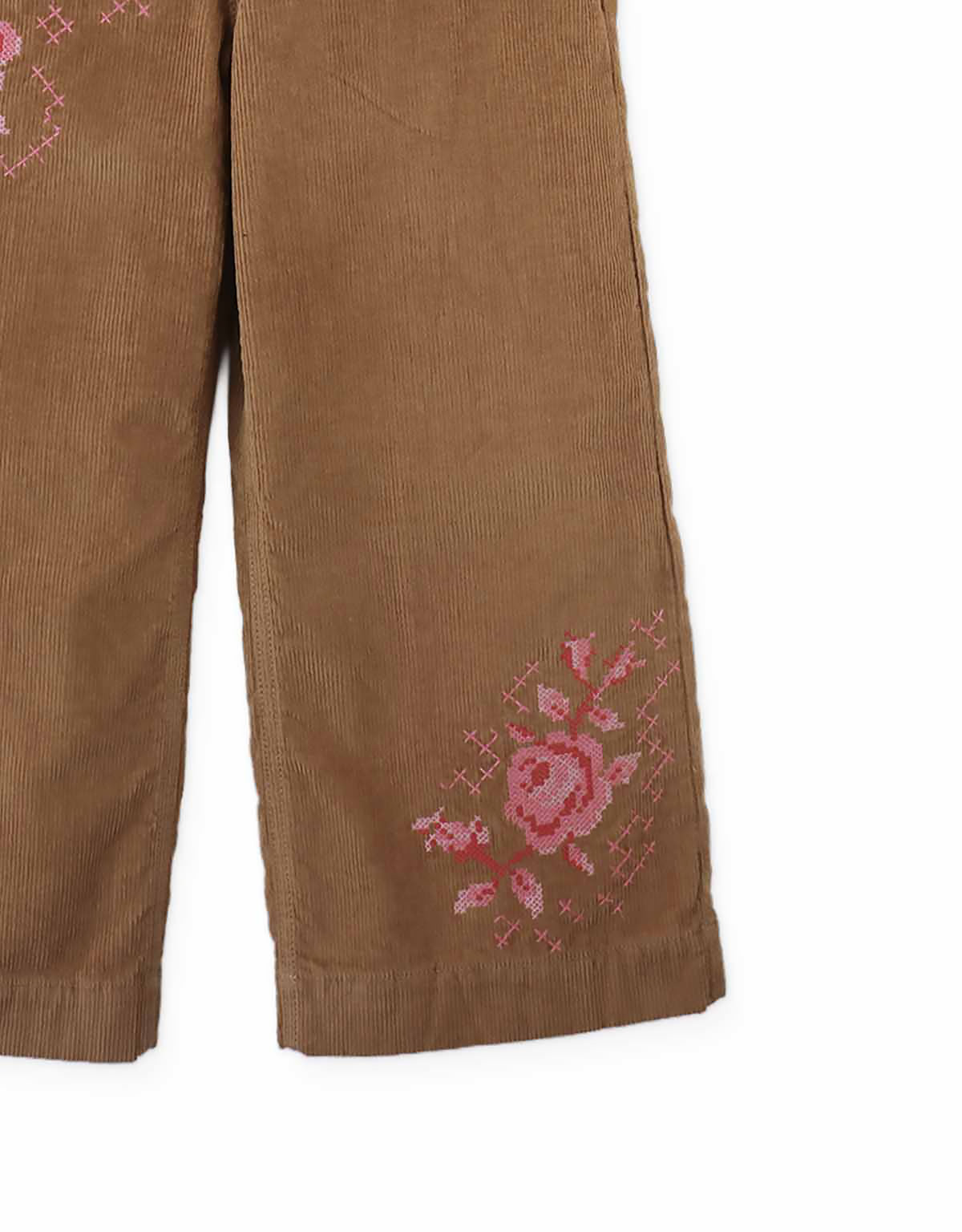 Loreine Wide- Leg Corduroy Pants with Rose Cross-Stitch Embroidery (Brown)