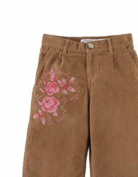 Loreine Wide- Leg Corduroy Pants with Rose Cross-Stitch Embroidery (Brown)