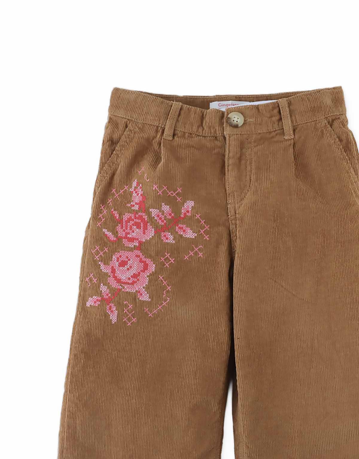 Loreine Wide- Leg Corduroy Pants with Rose Cross-Stitch Embroidery (Brown)