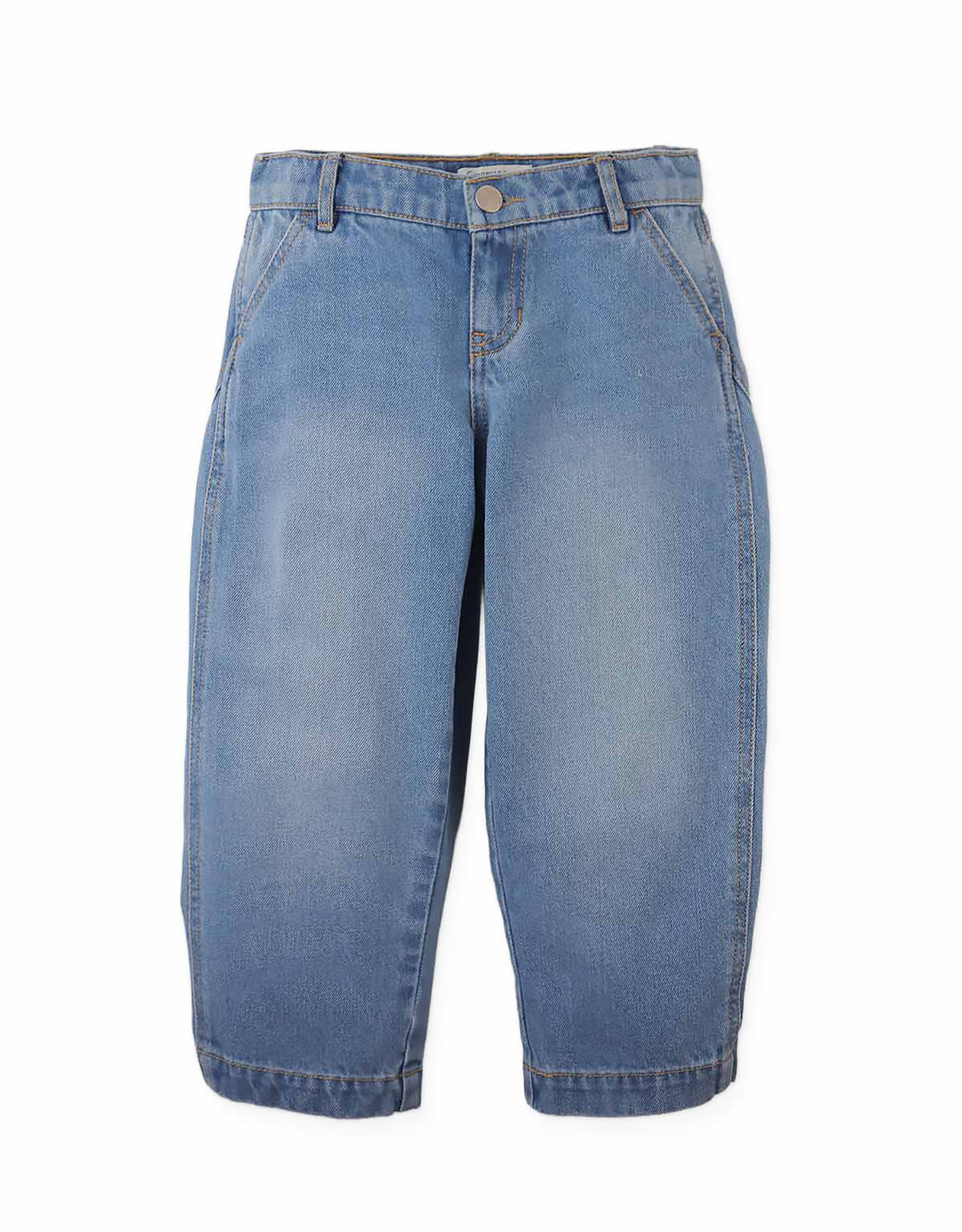 Constance Barrel Denim Pants with Adjustable Side Hem Snaps (Blue)