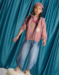 Maurine Fleece Sweater with Vented Sleeves and Embroidered Cherry Poodles Appliqué (Pink)