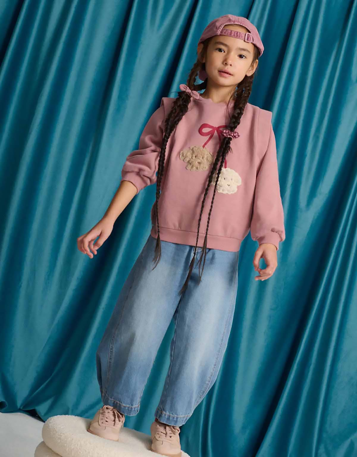 Maurine Fleece Sweater with Vented Sleeves and Embroidered Cherry Poodles Appliqué (Pink)