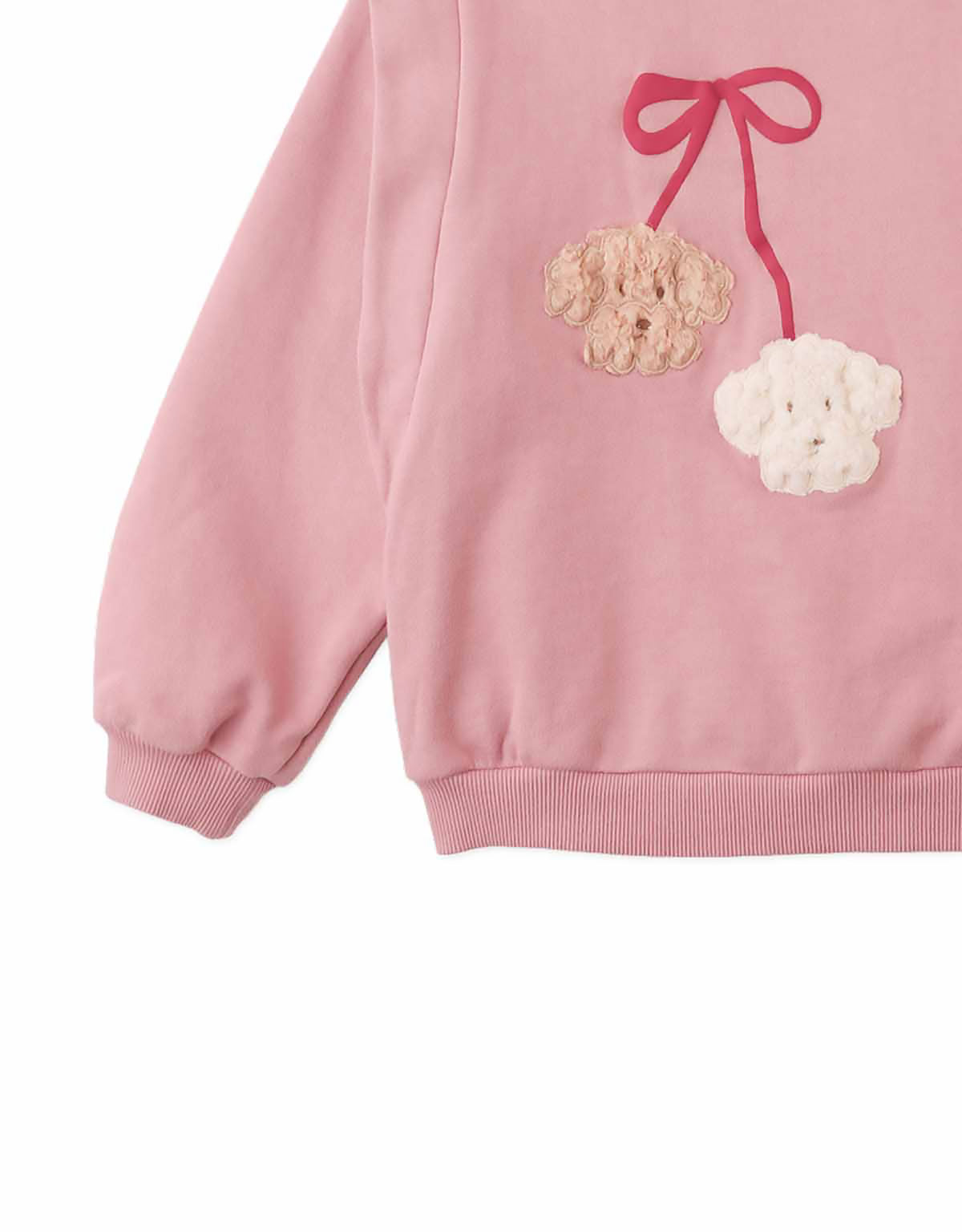 Maurine Fleece Sweater with Vented Sleeves and Embroidered Cherry Poodles Appliqué (Pink)