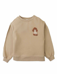 Faustina Sweater with Contrast Hand Blanket Stitching and Poodle Cheerful Appliqué (Beige)